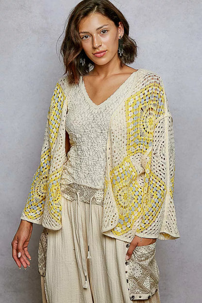 POL Open Front Crochet Cardigan with Granny Square Pattern - Tigbul's Variety Fashion Shop