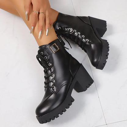 Combat Lace Up Boots with Buckle Straps - Tigbul's Variety Fashion Shop