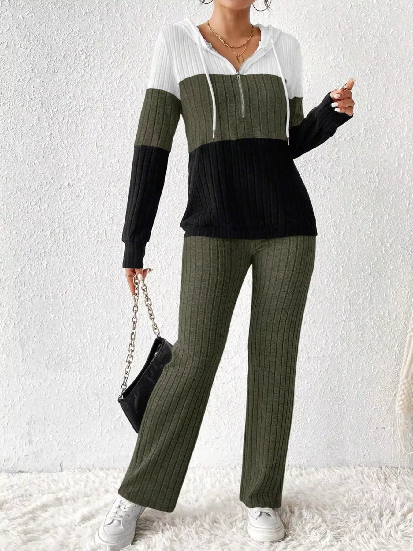 Color Block Half Zip Hooded Top and Pants Set - Tigbul's Variety Fashion Shop