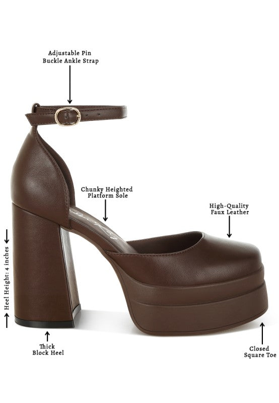 Brown ankle-strap heels with buckle, chunky platform and closed square toe