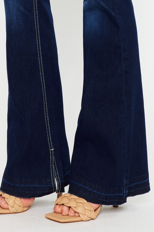 Dark Blue Mid Rise Slit Hem Detail Flared Denim Jean Pants - Tigbuls Variety Fashion