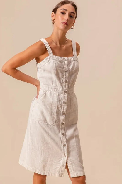Button Down Pocket Front Off White Pinafore Dress - Tigbul's Variety Fashion Shop