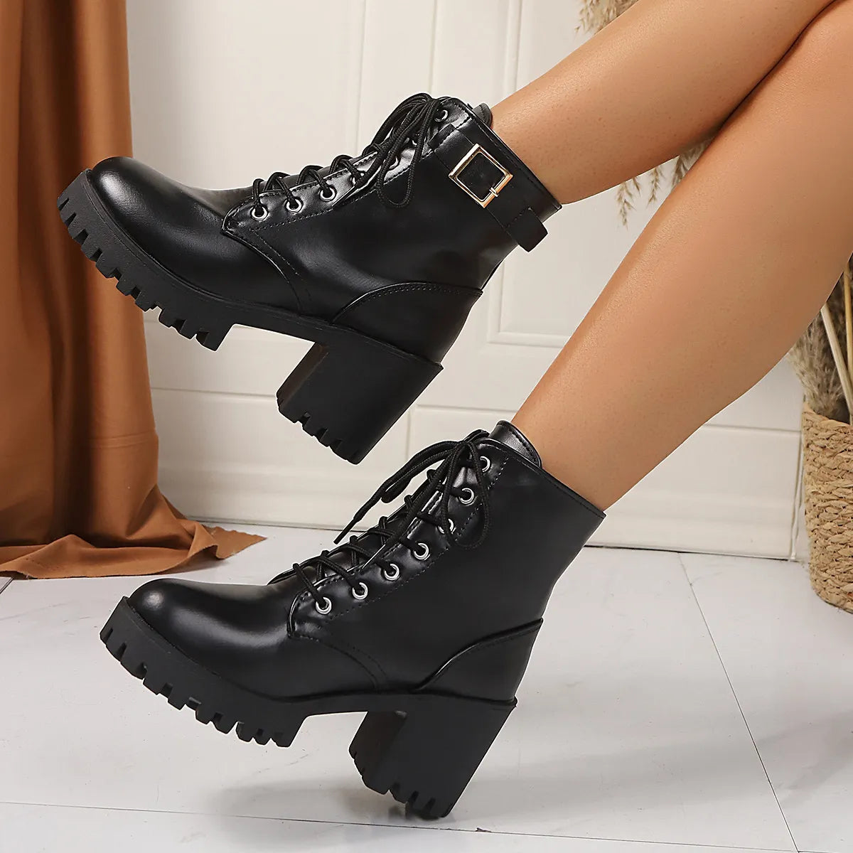 Combat Lace Up Boots with Buckle Straps - Tigbul's Variety Fashion Shop