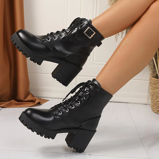 Combat Lace Up Boots with Buckle Straps - Tigbul's Variety Fashion Shop