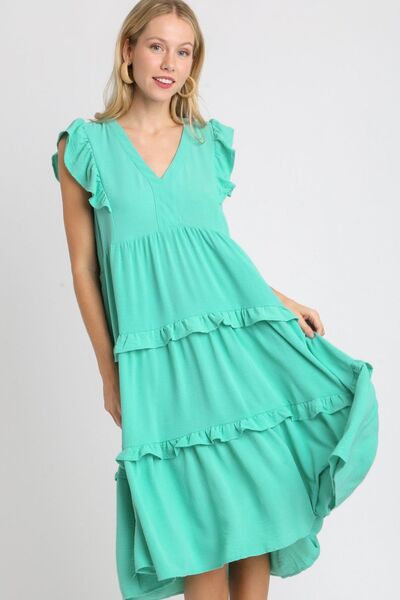 Green Ruffle Tiered Cap Sleeve Midi Dress - Tigbul's Variety Fashion Shop