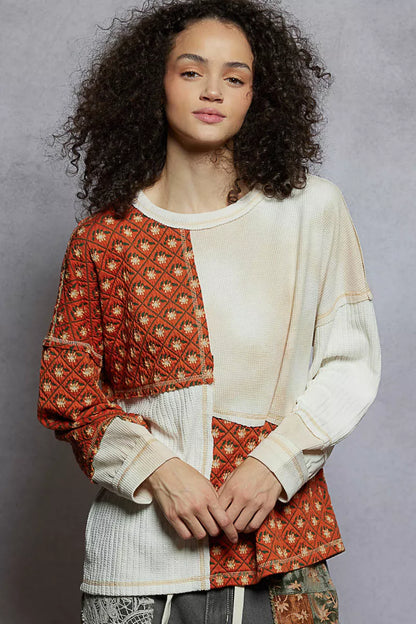 POL Contrast Patchwork Round Neck Long Sleeve Top - Tigbul's Variety Fashion Shop