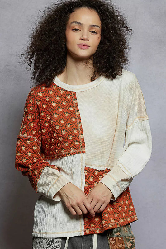 POL Contrast Patchwork Round Neck Long Sleeve Top - Tigbul's Variety Fashion Shop