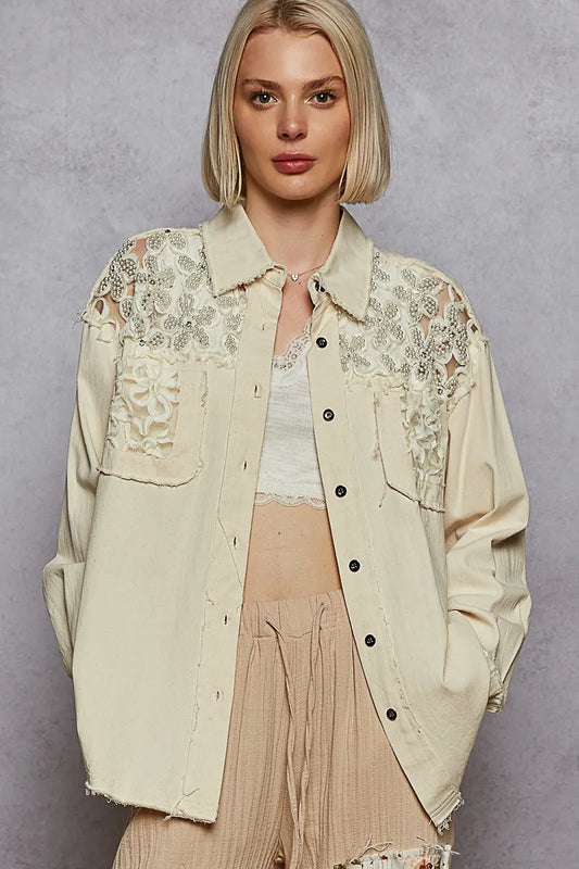 POL Button Down Raw Edg Shirt with Pearl Lace Patch - Tigbul's Variety Fashion Shop