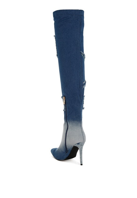 Eilish Rhinestones Knee High Denim Boots - Tigbul's Variety Fashion Shop