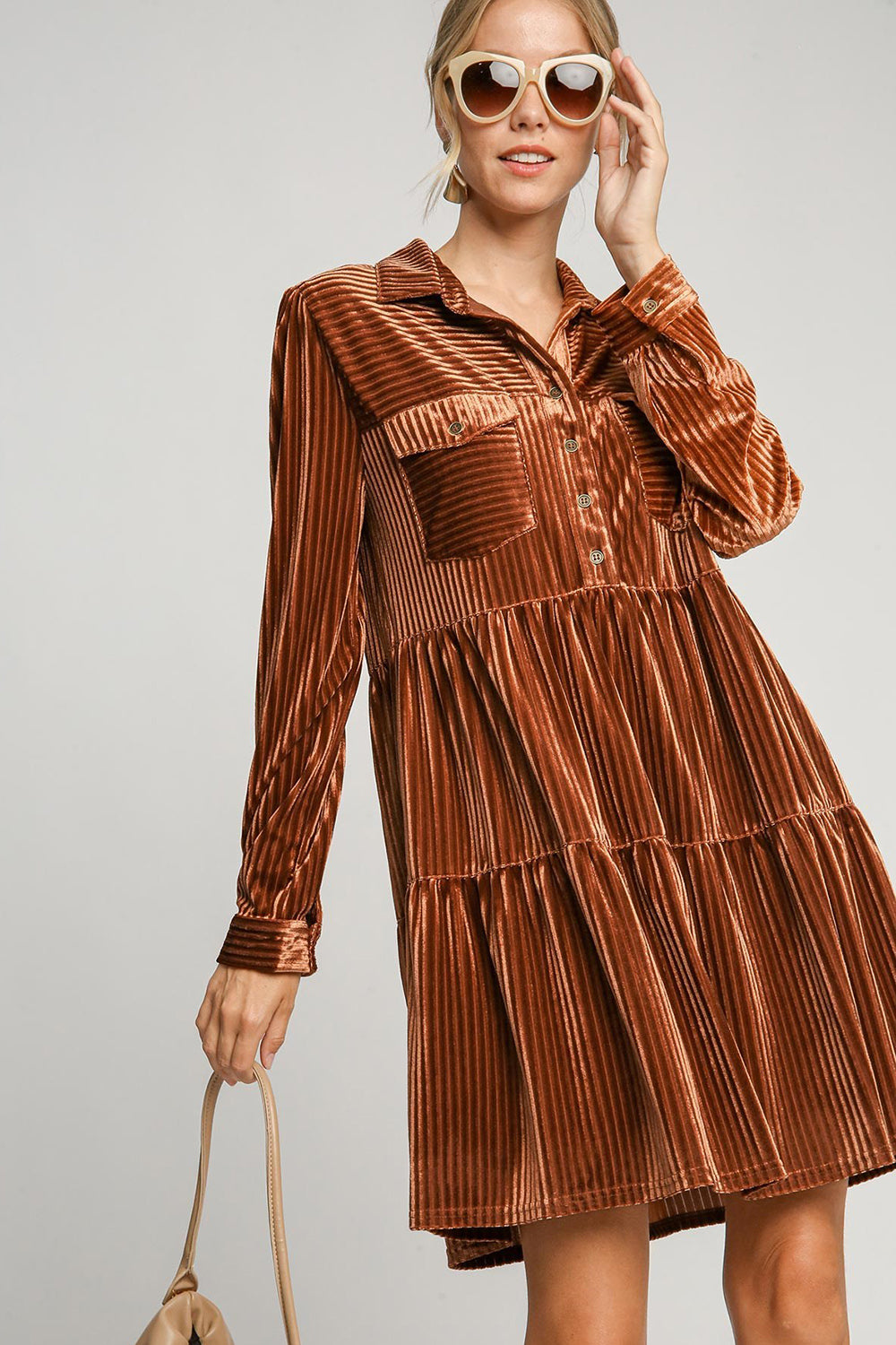 Copper Texture Tiered Collared Long Sleeve Dress - Tigbul's Variety Fashion Shop