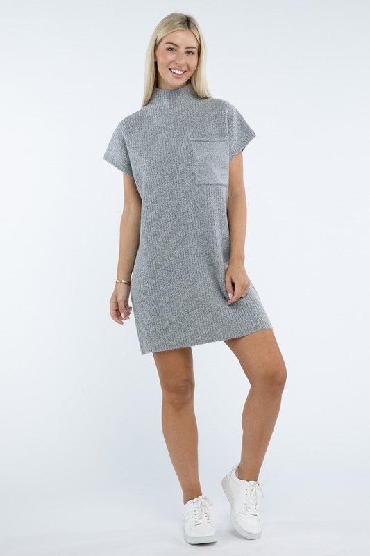 Mock Neck Short Sleeve Sweater Dress with Pocket - Tigbul's Variety Fashion Shop