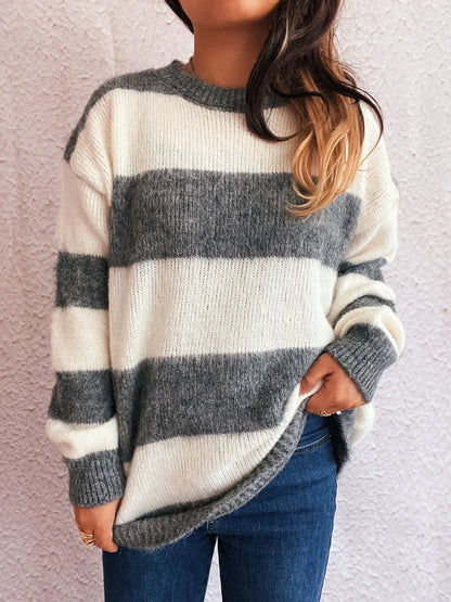 Striped Contrast Long Sleeve Sweater - Tigbul's Variety Fashion Shop