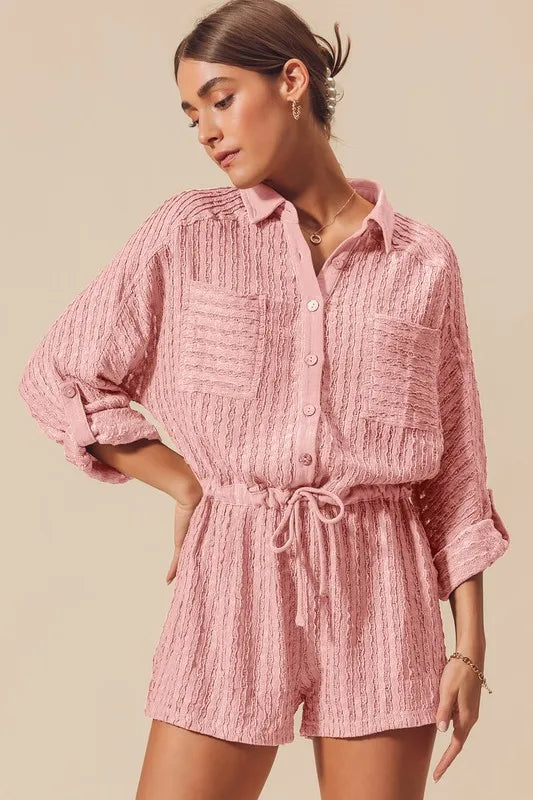 Pink Textured Knit Button Front Romper - Tigbul's Variety Fashion Shop