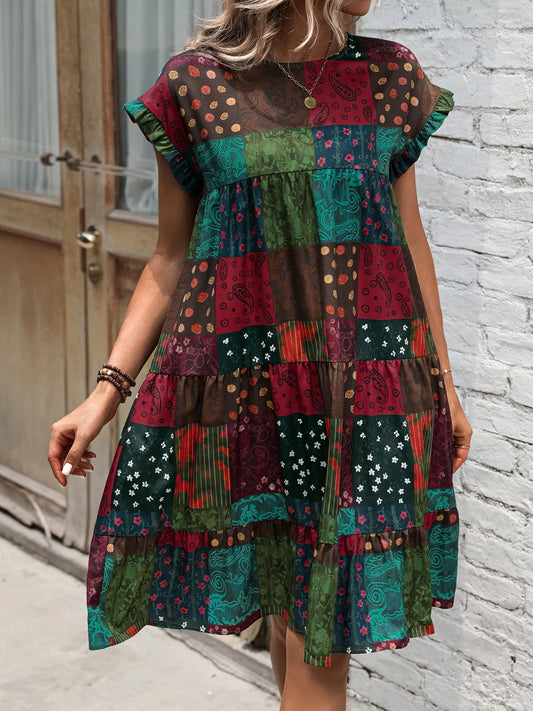 Burgundy Color Block Print Short Sleeve Mini Dress - Tigbul's Variety Fashion Shop