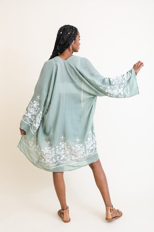 Embroidered Floral Vine Lightweight Kimono - Tigbul's Variety Fashion Shop