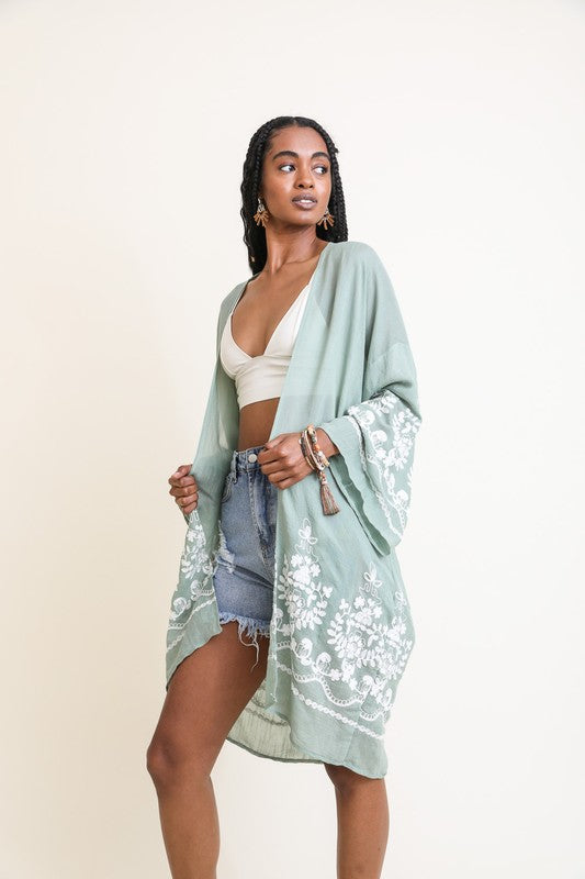 Embroidered Floral Vine Lightweight Kimono - Tigbul's Variety Fashion Shop