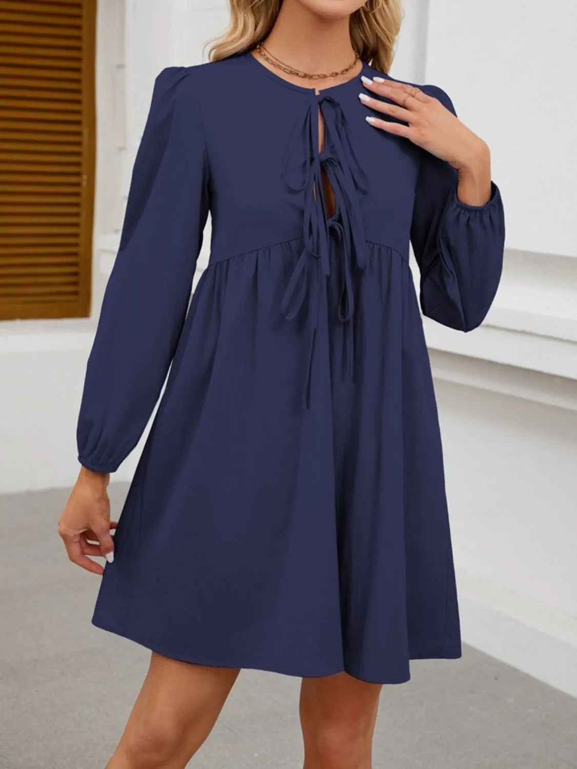 Tie Front Long Sleeve Mini Dress - Tigbul's Variety Fashion Shop