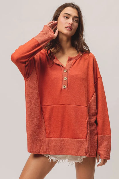 BiBi French Terry Knit Side Block Buttoned Henley Top - Tigbul's Variety Fashion Shop