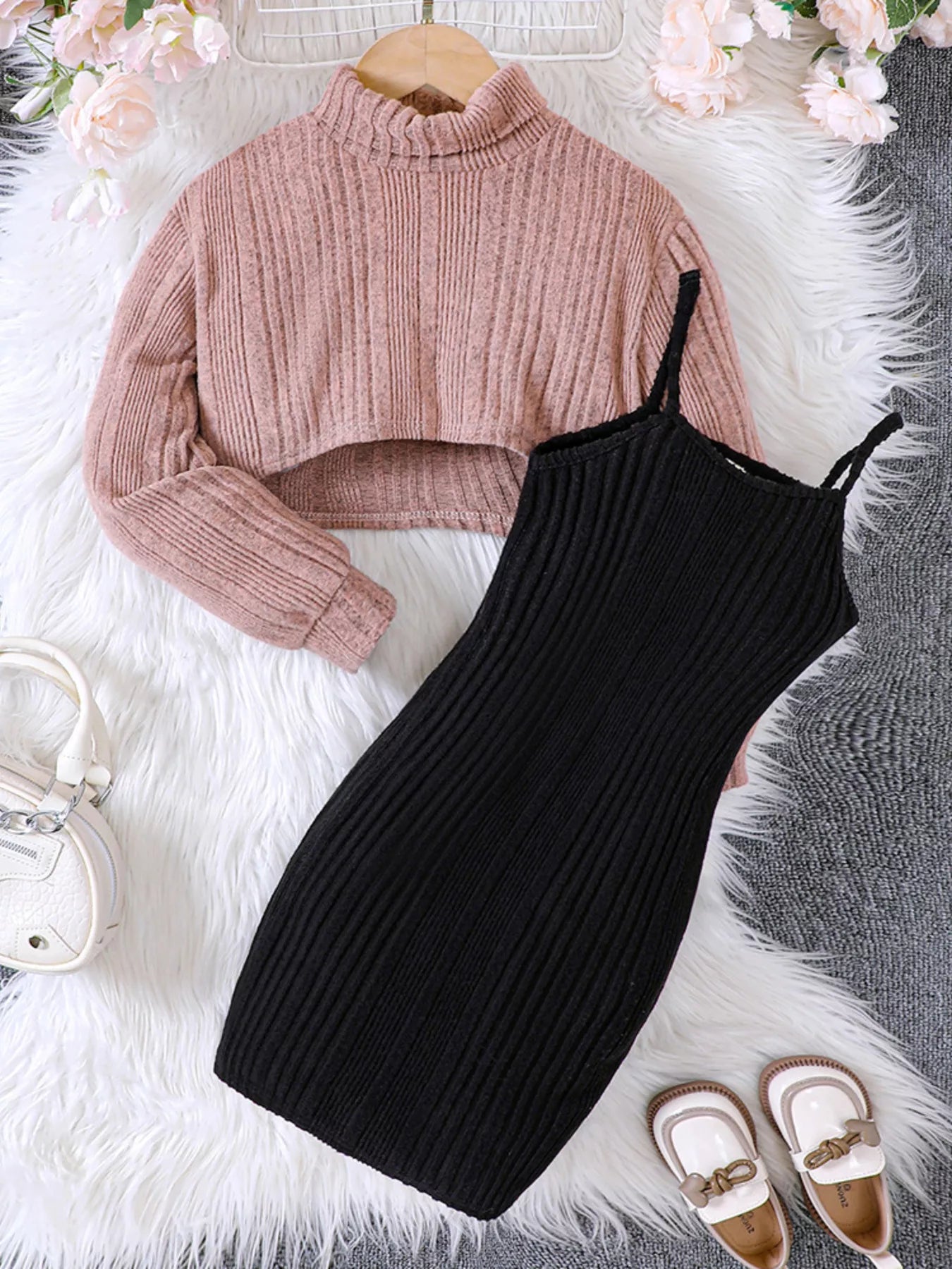 Children's Girls Ribbed Knit Two-Tone Dress Set - Tigbuls Variety