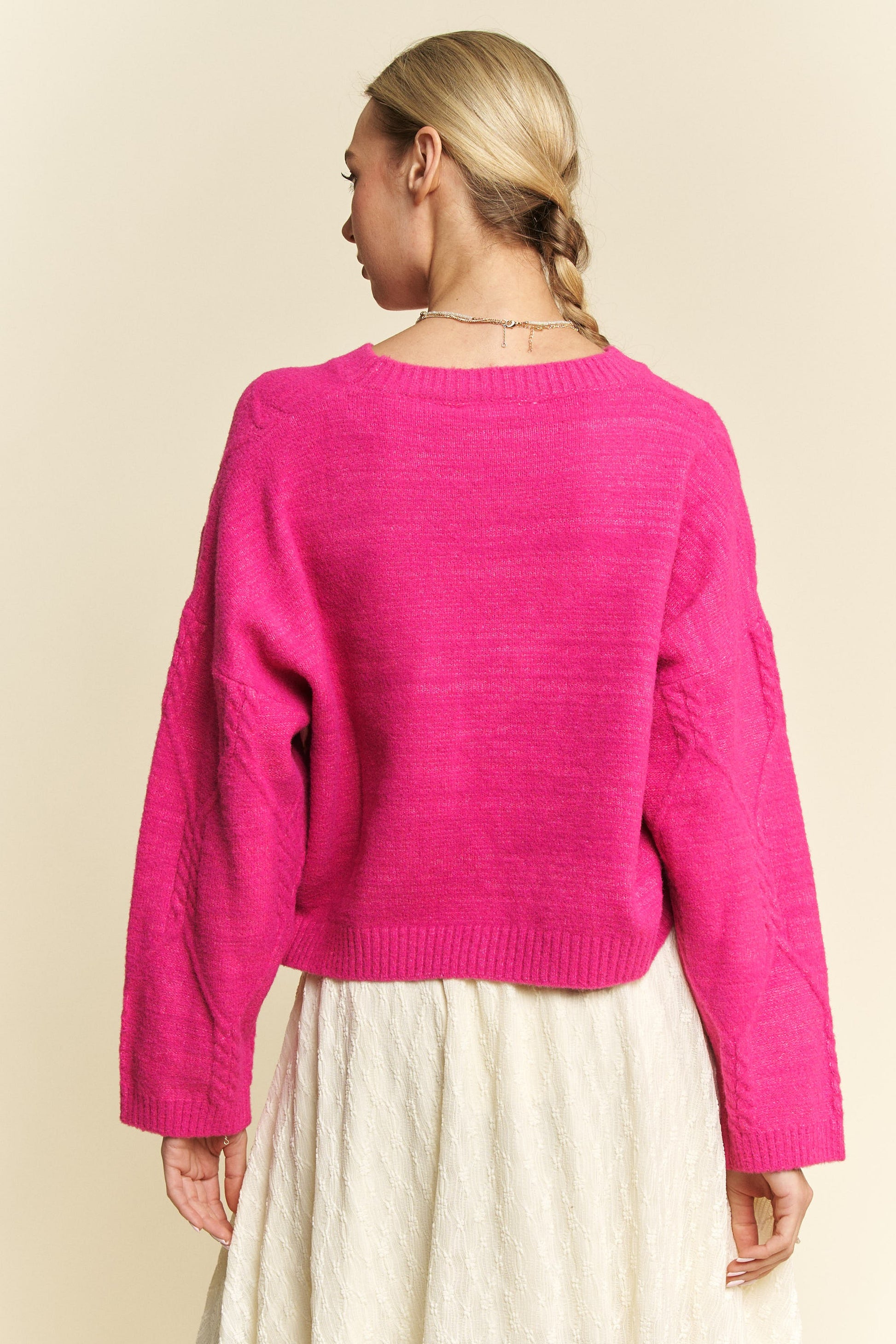 Davi & Dani Diamond Cable Pattern Drop Shoulder Sweater - Tigbul's Variety Fashion Shop