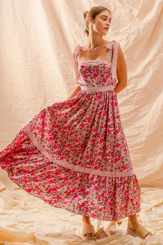 SO ME Floral Maxi Dress With Ribbon Tie Lace Strap - Tigbul's Variety Fashion Shop