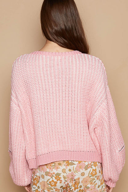 Pink Round Neck Heart Patch Zipper Point Sleeve Sweater - Tigbul's Variety Fashion Shop