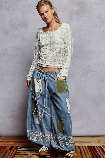 POL Texture Long Sleeve Blouse with Floral Ruffled - Tigbul's Variety Fashion Shop