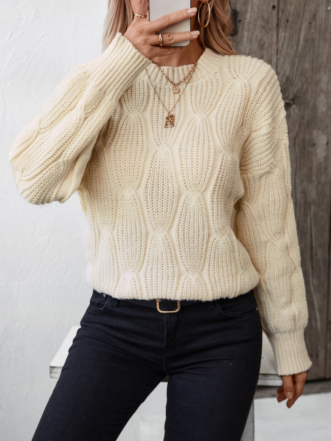 Round Neck Dropped Shoulder Sweater - Tigbul's Variety Fashion Shop