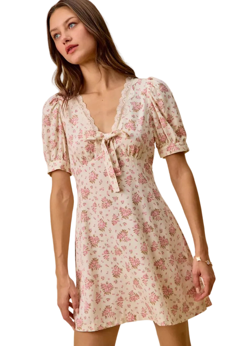 Cream floral mini dress with lace trim V-neck and short puff sleeves
