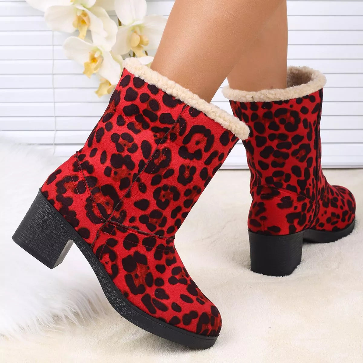 Plush Cuff Block Heel Boots - Tigbul's Variety Fashion Shop