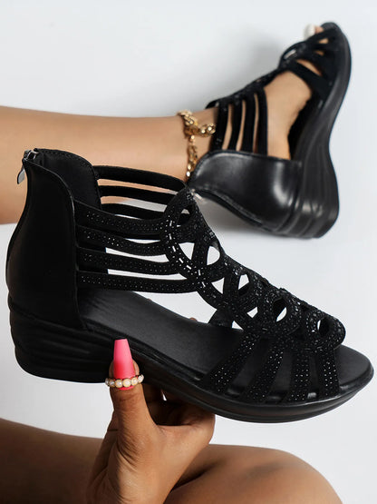 Strappy Wedge Sandals with Rhinestone Details - Tigbul's Variety Fashion Shop