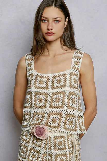 POL Openwork Square Neck Cropped Crochet Tank with Granny Square Weave - Tigbul's Variety Fashion Shop