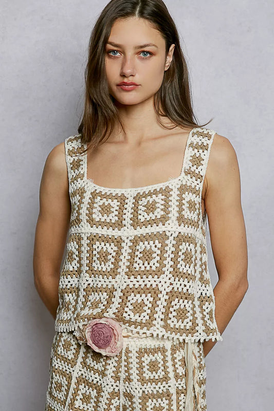 POL Openwork Square Neck Cropped Crochet Tank with Granny Square Weave - Tigbul's Variety Fashion Shop