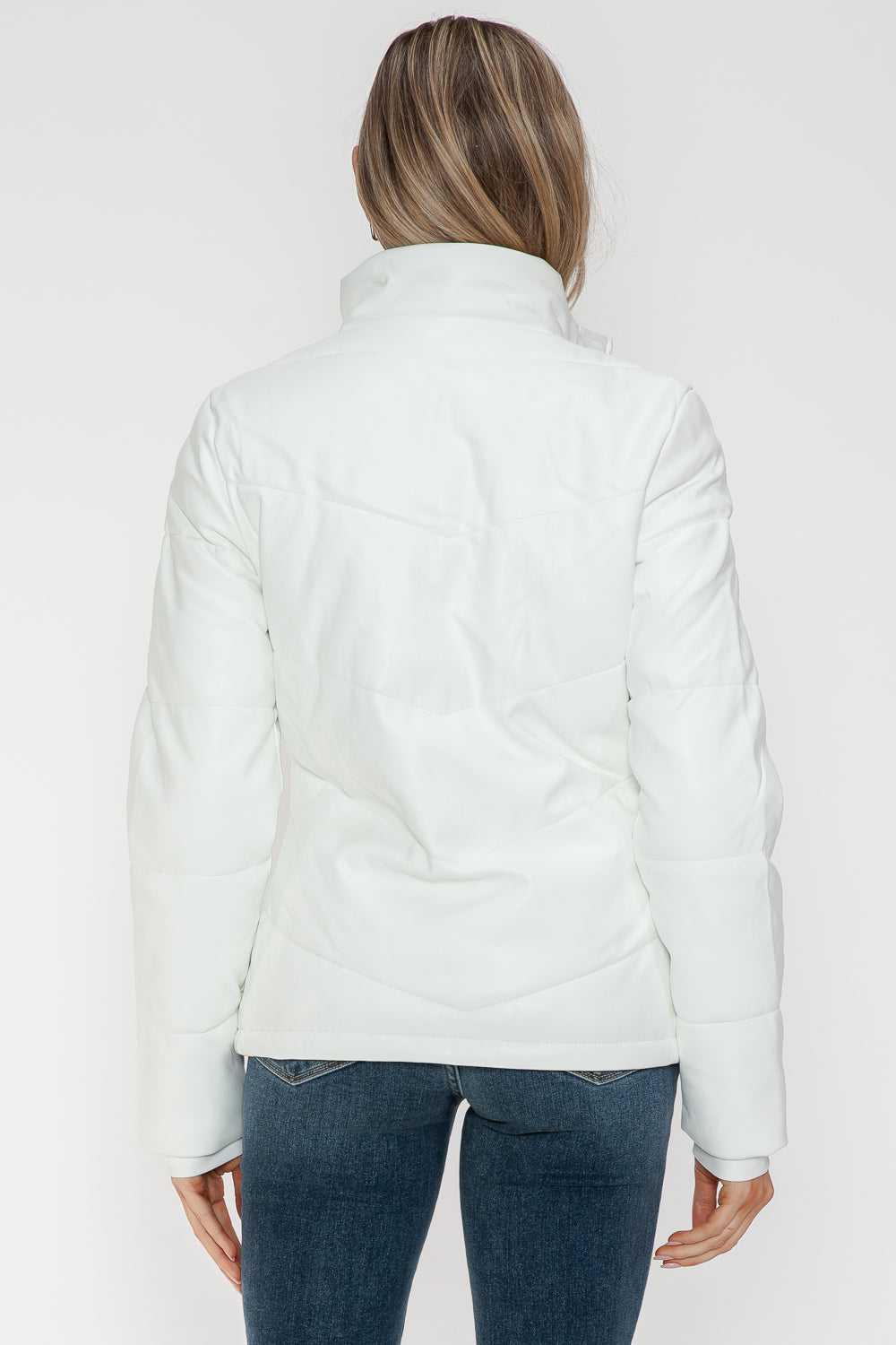 White Pocketed Zip Up Turtleneck Puffer Jacket