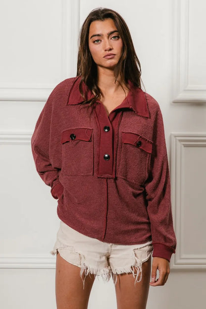 BiBi Cp French Terry Cut Edge Detail Collared Top - Tigbul's Variety Fashion Shop