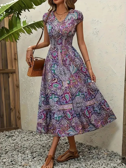 Plus Size Printed V-Neck Short Sleeve Midi Dress - Tigbul's Variety Fashion Shop