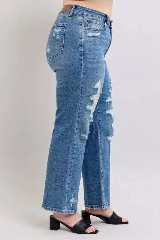 Judy Blue Full Size High Waist Heavy Destroy Straight Jeans Plus Size - Tigbul's Variety Fashion Shop