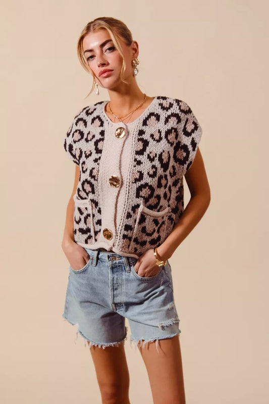 SO ME Big Metal Button Front Leopard Sweater Vest Top - Tigbul's Variety Fashion Shop