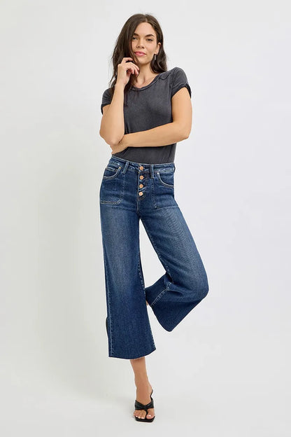 RISEN Full Size High Rise Crop Wide Button Up Jeans Plus Size - Tigbul's Variety Fashion Shop