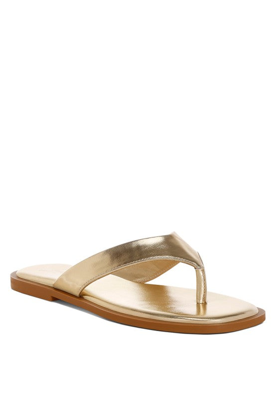 Gold metallic thong flats with square toe and slim strap