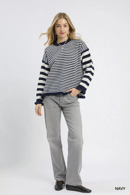 Umgee Ruffle Neck Stripe Sweater - Tigbul's Variety Fashion Shop