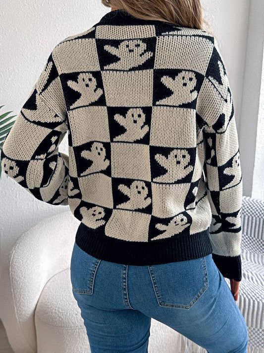 Halloween Ghost Pattern Checkered Round Neck Sweater - Tigbul's Variety Fashion Shop