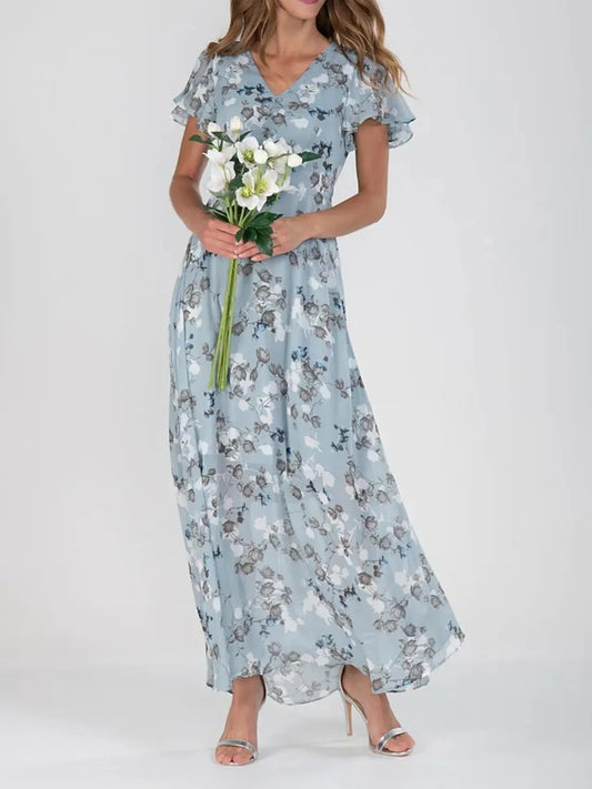 Floral V-Neck Flutter Sleeve Maxi Dress - Tigbul's Variety Fashion Shop