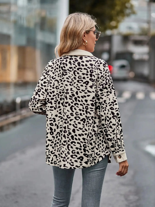 Leopard Print Button-Up Contrast Shacket - Tigbul's Variety Fashion Shop