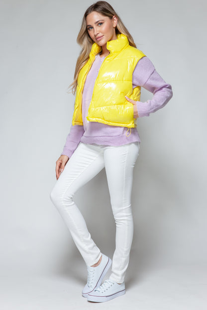 Yellow Zip Up Turtleneck Shiny Quilted Vest - Tigbul's Variety Fashion Shop