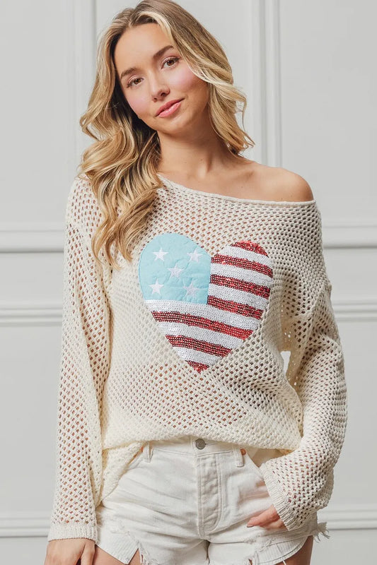 Off White Sequin American Flag Heart Knit Top - Tigbul's Variety Fashion Shop