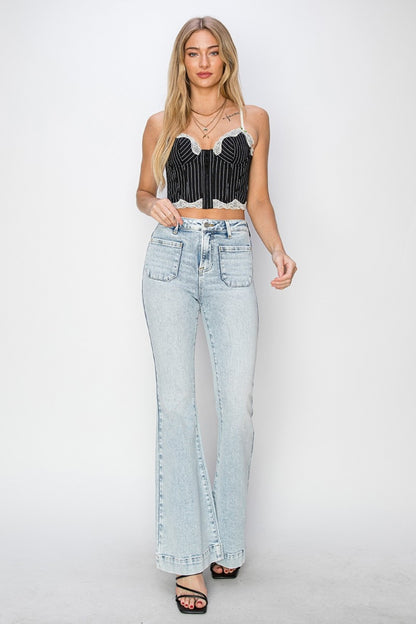 Risen Full Size High Rise Front Patch Pocket Flare Jeans - Tigbul's Variety Fashion Shop