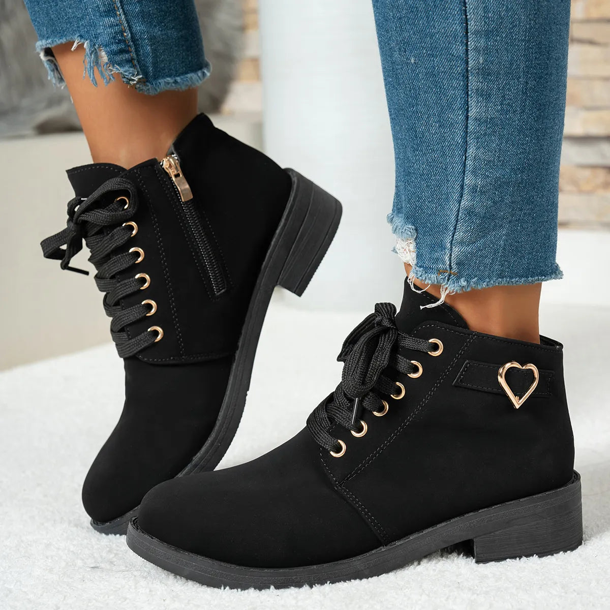 Lace-Up Ankle Boots with Heart Charm Detail - Tigbul's Variety Fashion Shop