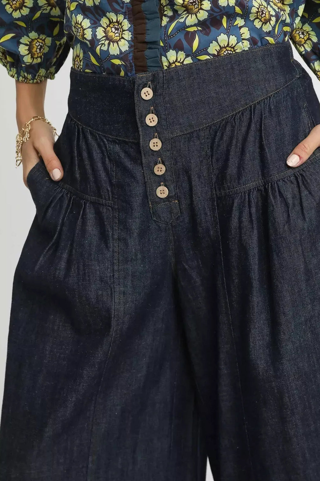 Dark Blue Stone Washed Wide-Leg Button-Front Culottes | Tigbuls