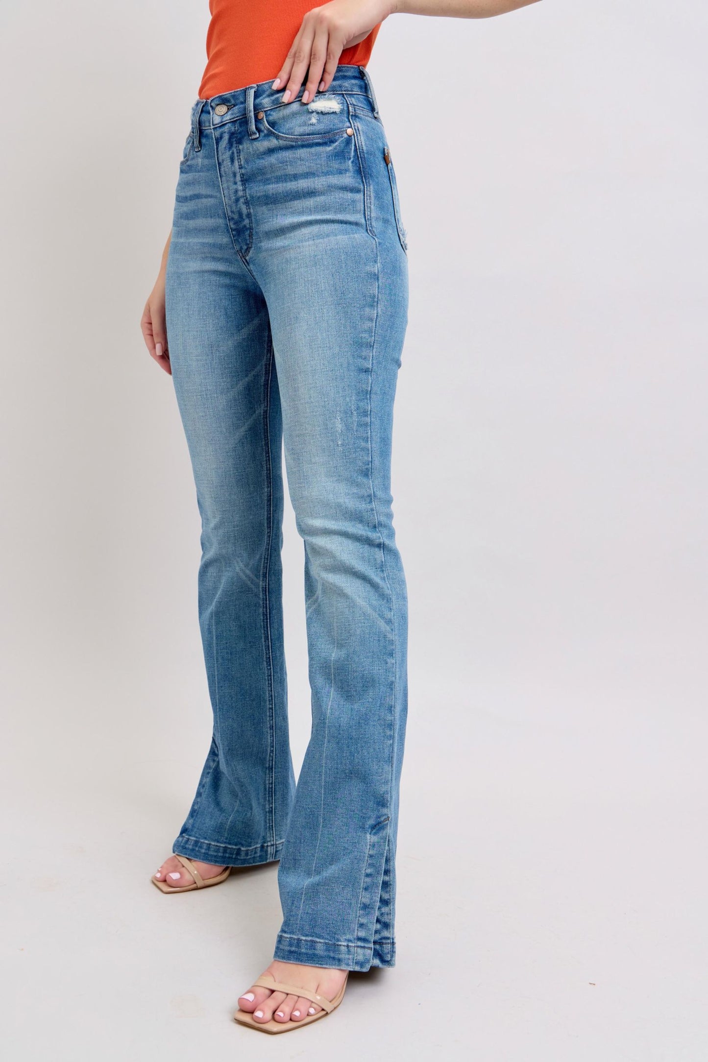 Judy Blue HW Tummy Control Vintage Wash Side Slit Slim Boot Jeans - Tigbul's Variety Fashion Shop